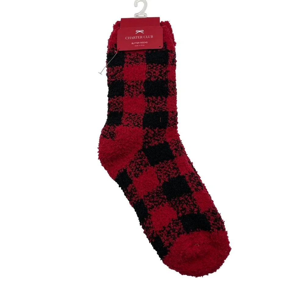 Charter Club Butter Socks Womens 9-11 Red Black Buffalo H Berry Plaid Fuzzy Cozy